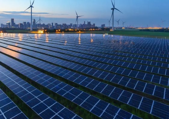 Solar panels and wind turbines at sunset with a translucent glowing network connecting them to a distant European financial district skyline, suggesting AI-enabled financing; subtle substation and battery storage in the background.