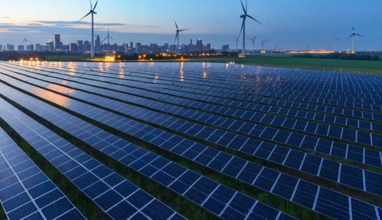 Solar panels and wind turbines at sunset with a translucent glowing network connecting them to a distant European financial district skyline, suggesting AI-enabled financing; subtle substation and battery storage in the background.