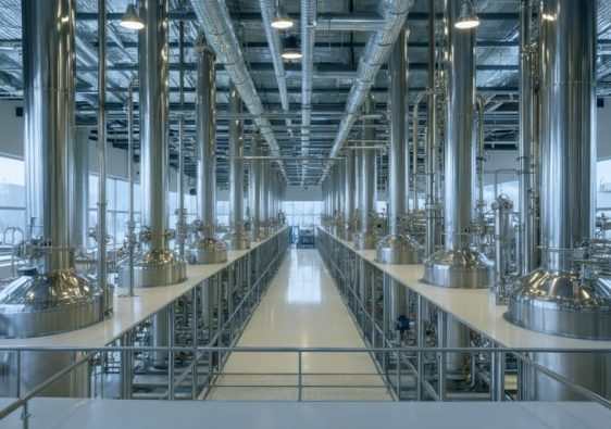 Stainless-steel THCa extraction and distillation equipment inside a clean cannabis manufacturing facility, with rooftop solar panels visible through large windows and a compact biogas CHP dome and battery containers in the background.