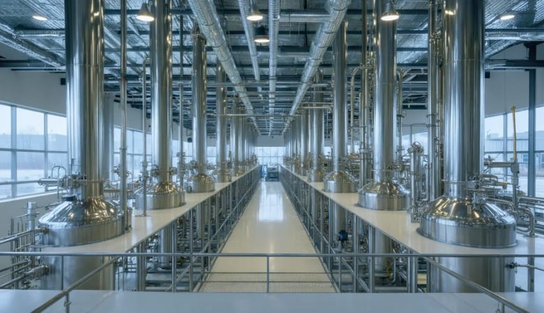 Stainless-steel THCa extraction and distillation equipment inside a clean cannabis manufacturing facility, with rooftop solar panels visible through large windows and a compact biogas CHP dome and battery containers in the background.