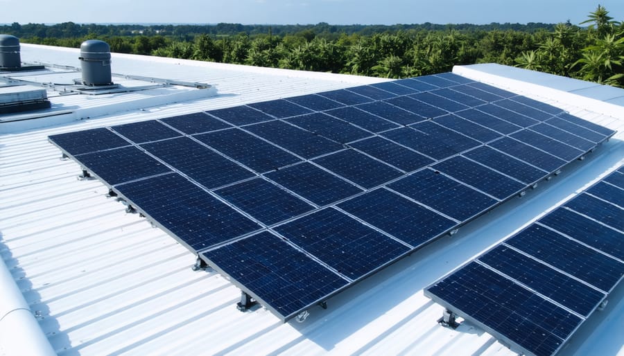 Commercial rooftop solar panel installation on industrial manufacturing facility