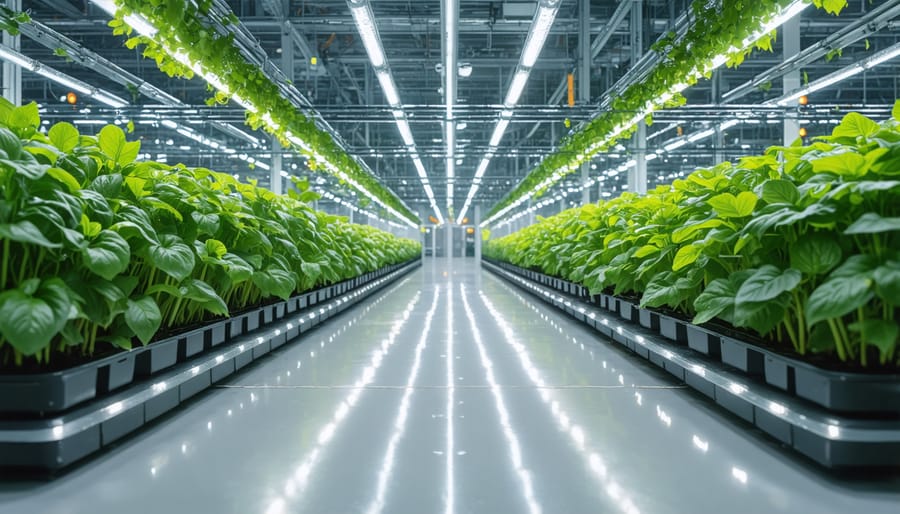Modern LED lighting fixtures installed in cannabis manufacturing facility ceiling