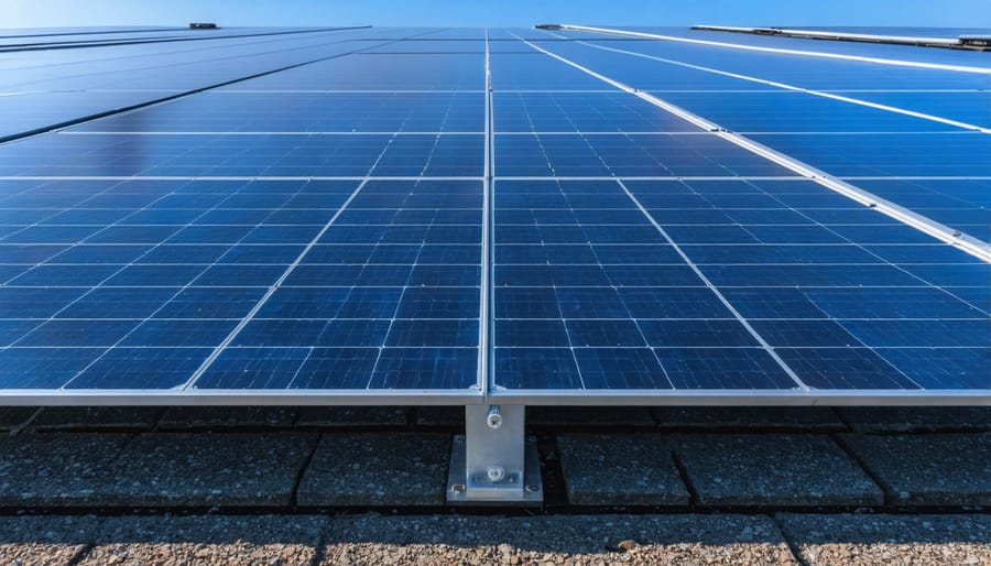 Solar panel array and wind turbines in green landscape at golden hour
