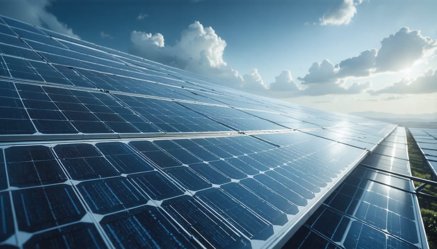 Renewable energy engineer at solar panel installation site reviewing project documentation