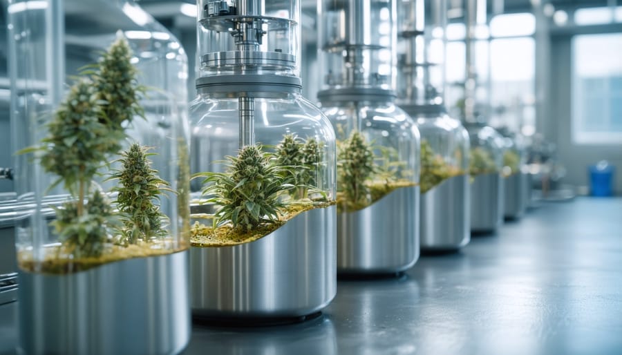 Stainless steel CO2 extraction equipment in cannabis manufacturing clean room facility