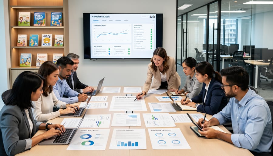 Professional reviewing compliance documents and checklist at organized desk workspace