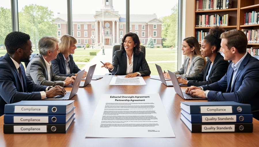 Professional team meeting discussing educational partnerships and content strategy