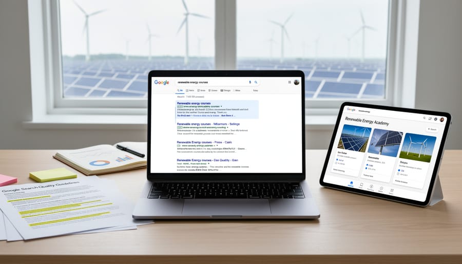 Laptop displaying Google search results in professional office setting with renewable energy materials