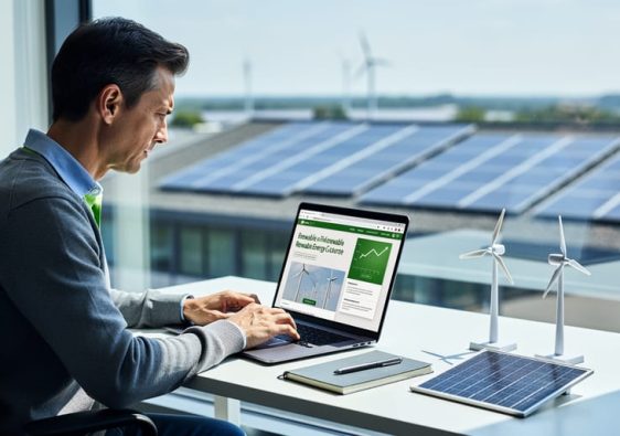 Person at a modern desk reviewing a laptop, with a small model wind turbine and solar cell on the desk, soft daylight, and a blurred view of rooftop solar panels and distant wind turbines through the window.