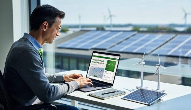 Person at a modern desk reviewing a laptop, with a small model wind turbine and solar cell on the desk, soft daylight, and a blurred view of rooftop solar panels and distant wind turbines through the window.