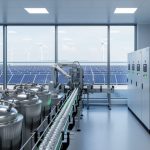 Clean room e-liquid production facility with stainless steel mixing tanks in the foreground, rooftop solar panels and distant wind turbines visible through a glass wall, and battery storage cabinets and an automated bottling line in the background under bright, diffused lighting.