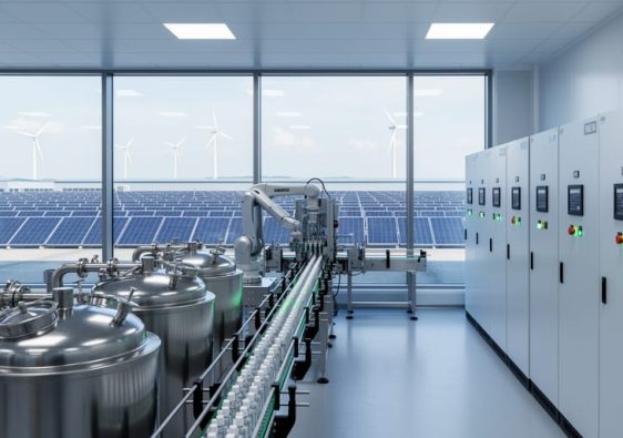 Clean room e-liquid production facility with stainless steel mixing tanks in the foreground, rooftop solar panels and distant wind turbines visible through a glass wall, and battery storage cabinets and an automated bottling line in the background under bright, diffused lighting.