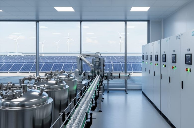 Clean room e-liquid production facility with stainless steel mixing tanks in the foreground, rooftop solar panels and distant wind turbines visible through a glass wall, and battery storage cabinets and an automated bottling line in the background under bright, diffused lighting.