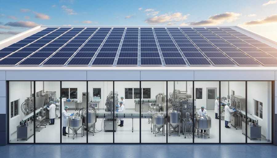 E-liquid manufacturing facility with extensive solar panel array on roof