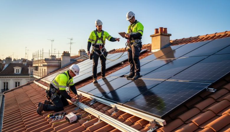 Instructor and two trainees in safety harnesses install solar panels on a terracotta-tiled European roof; one checks a tablet while another secures mounting rails and a microinverter, with distant rooftops and scaffolding in the background at golden hour.