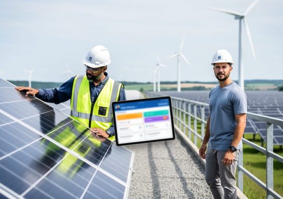 Diverse clean-energy team working and discussing careers on a solar farm with wind turbines visible in the distance.