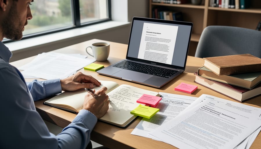 Researcher workspace with an open notebook, pen, and laptop showing a paper layout without visible text