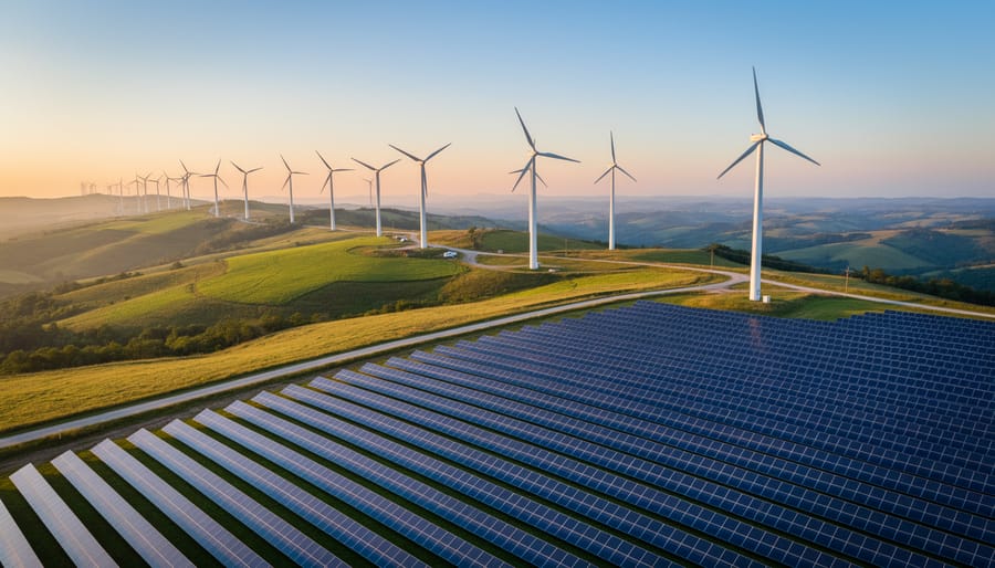 Wind turbines and solar panels seen from above on a modern renewable energy site