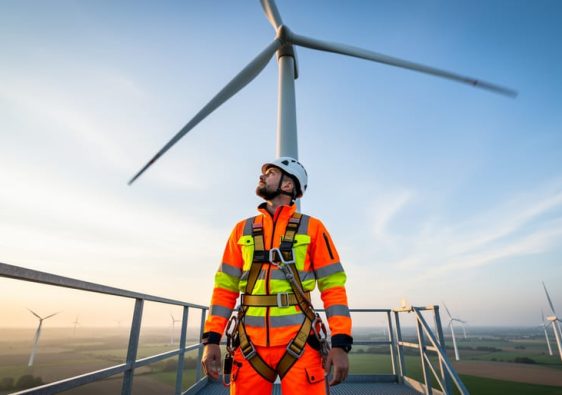 Wind energy technician in safety gear working on a turbine nacelle platform with modern wind turbines in the background under a bright sky.