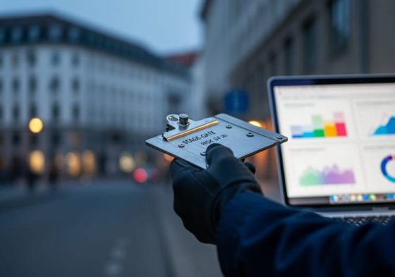 “Hand of a renewable energy project manager holding a clipboard beside a laptop with abstract risk indicators in front of a softly blurred Berlin dusk background”