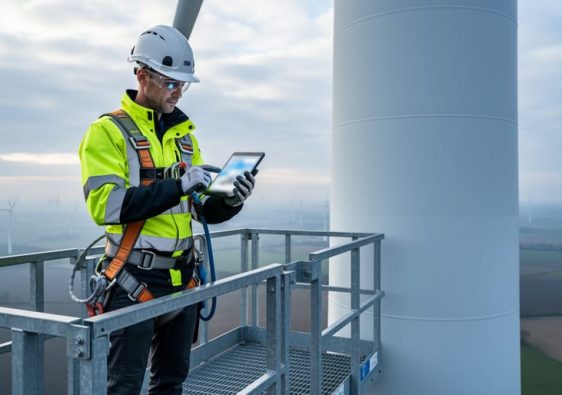 Wind turbine technician in safety harness and hard hat standing on a turbine maintenance platform near the nacelle, with a wind farm in the background.
