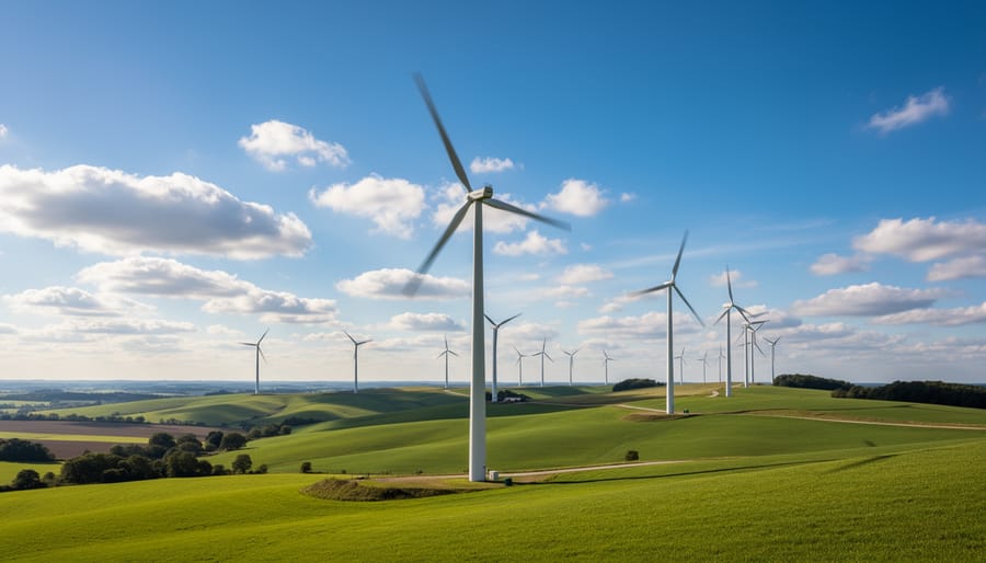 Wind turbines standing along a coastal ridge under an overcast sky