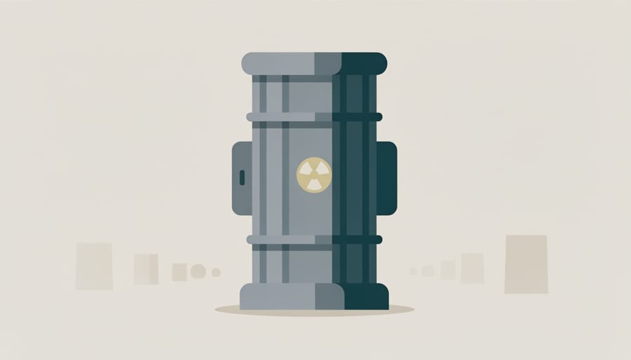 Metal nuclear fuel cask in a dim industrial setting with soft blue lighting in the background