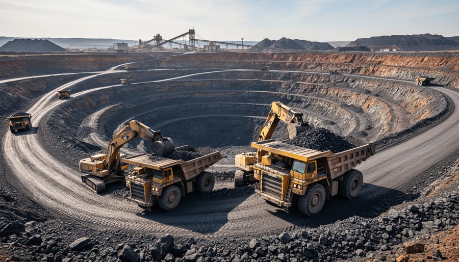 Open-pit mine area showing exposed rock and distant mining equipment