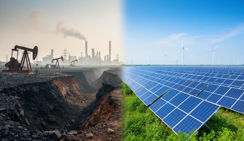 “Split landscape contrasting fossil fuels on the left with renewable solar and wind energy on the right, illustrating renewable versus nonrenewable resources.”
